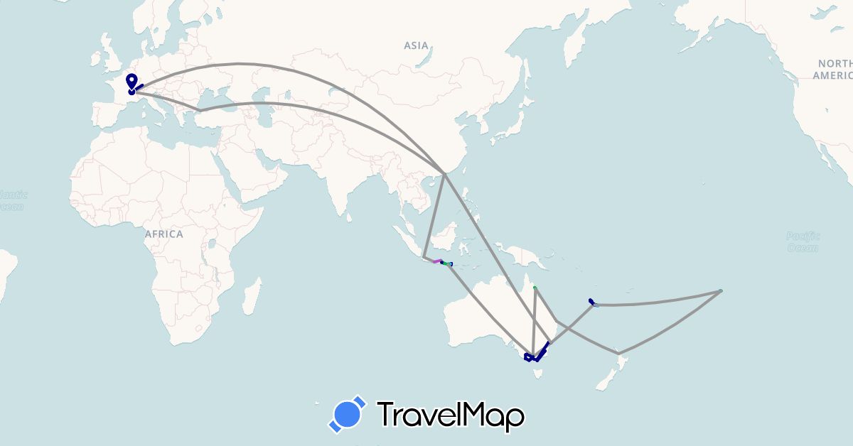 TravelMap itinerary: driving, bus, plane, train, boat in Australia, Switzerland, France, Hong Kong, Indonesia, New Caledonia, New Zealand, French Polynesia, Turkey (Asia, Europe, Oceania)